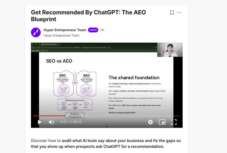 Marlon teaching Get Recommended By ChatGPT: The AEO Blueprint at Hyper AI University